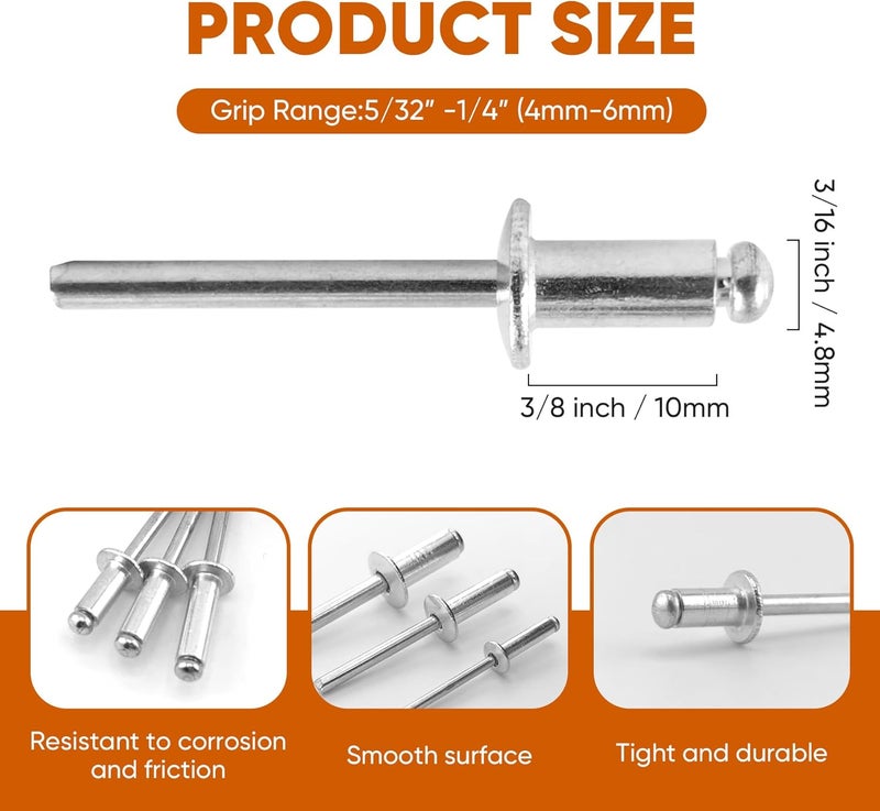 ALLCLEAN 170 Pcs 3/16" x 3/8" Aluminum Blind Rivets,4.8 x 10mm Pop Rivets,Aluminum Grip and Steel Mandrel - Image 2
